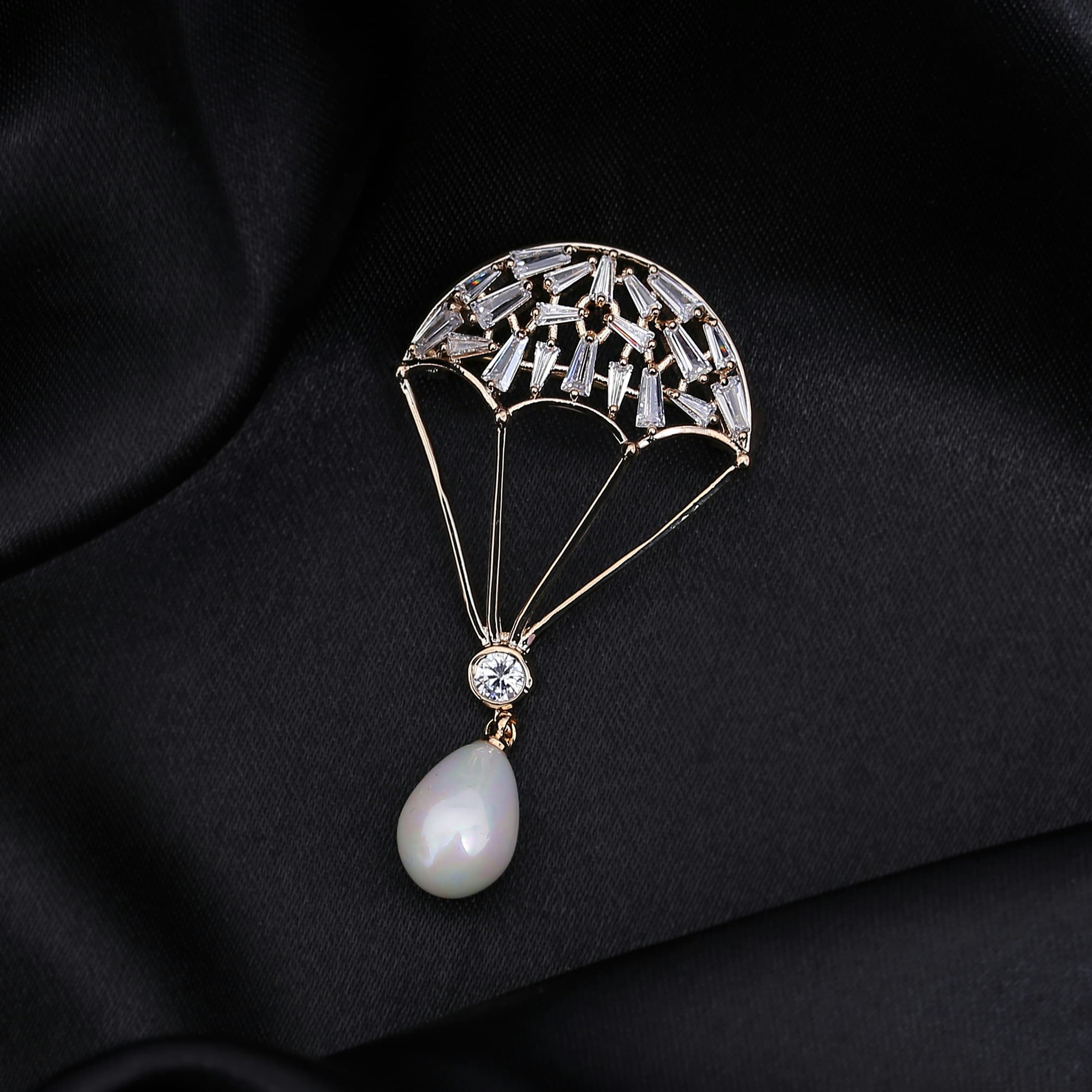 Art Deco Diamond and Pearl Fan Brooch — view 1